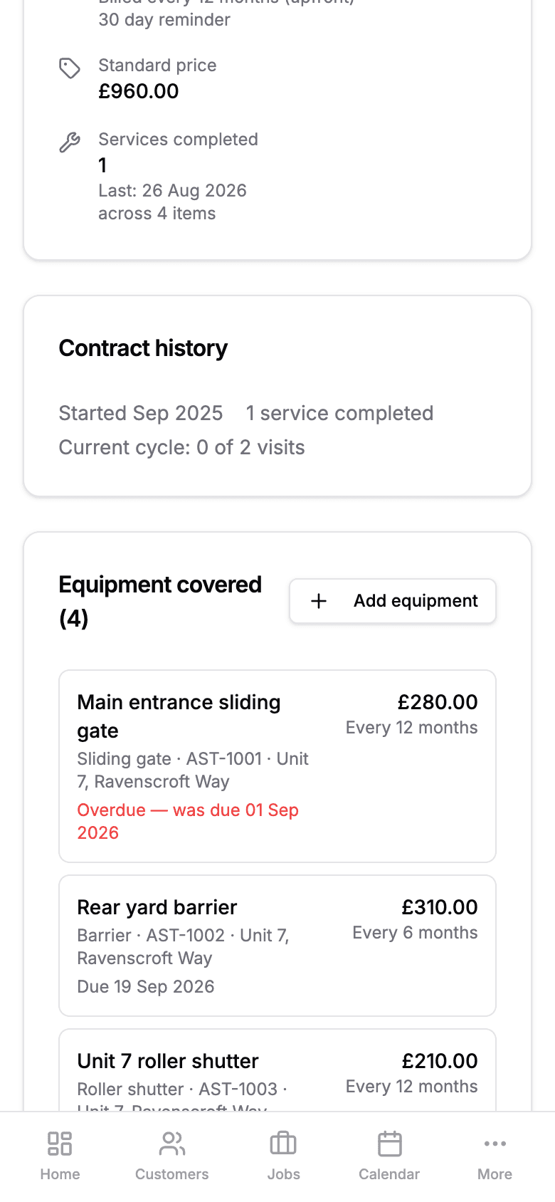 An estate agreement on a phone: Ravenscroft Business Park, £960 standard price, with four items of equipment covered — a sliding gate, a barrier, a roller shutter and an intercom — each with its own price and service interval.
