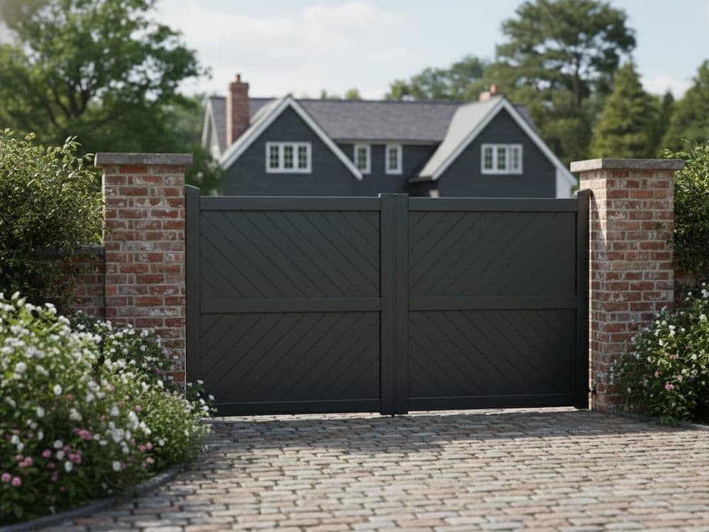 A pair of powered aluminium swing gates closed between brick piers on a block-paved driveway.