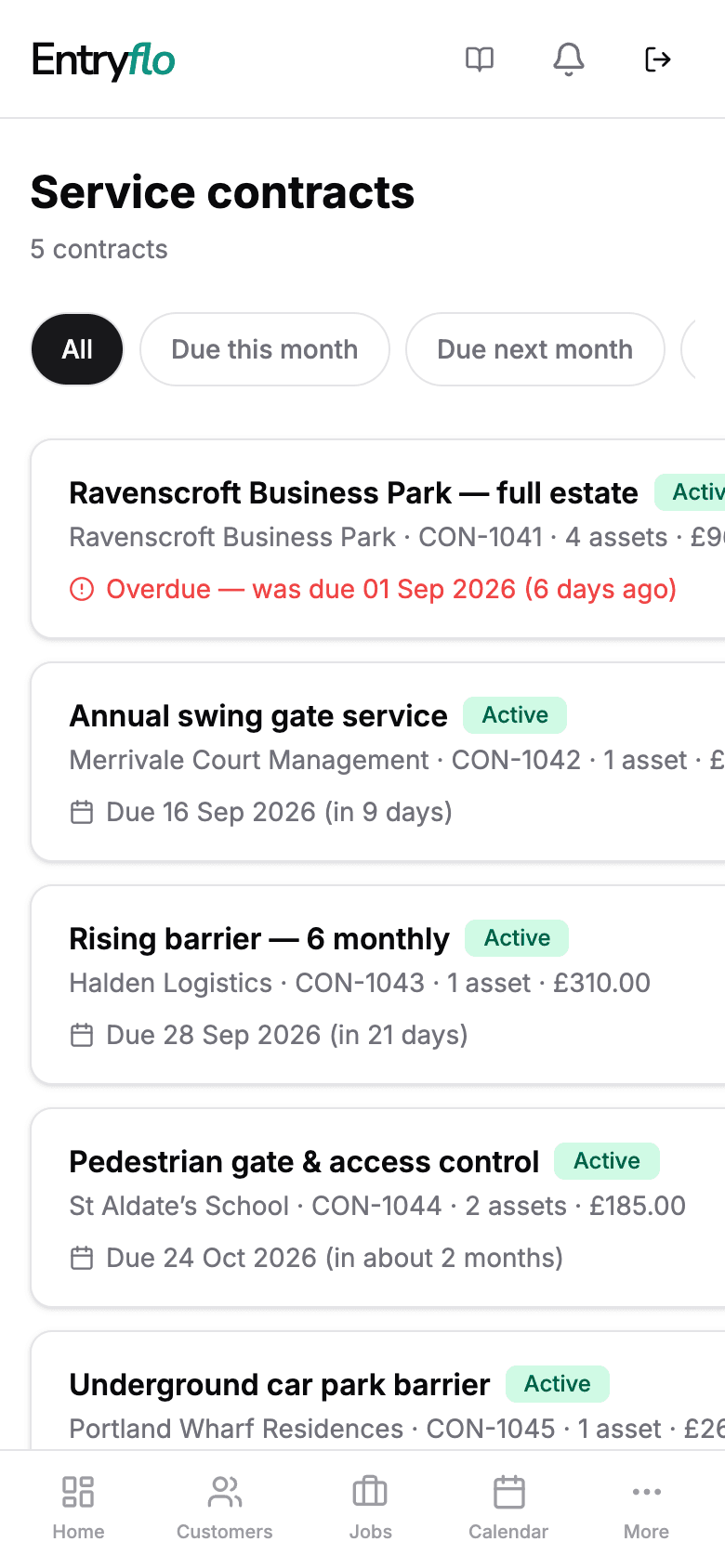 The service contracts list on a phone, showing five gate and barrier contracts with their next service dates, one flagged overdue.
