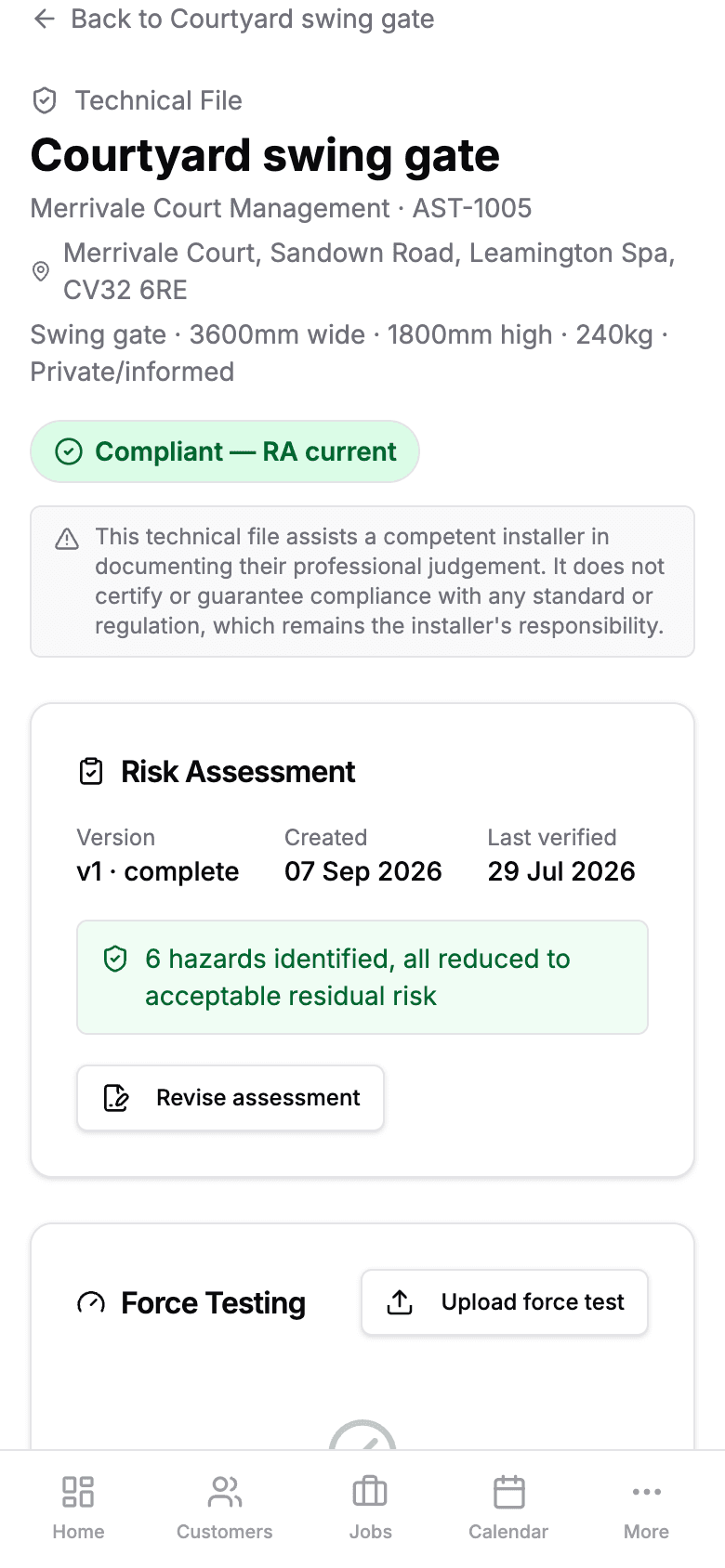 An installation's technical file on a phone, showing a compliant risk assessment badge, the current version and options to view the PDF or revise.
